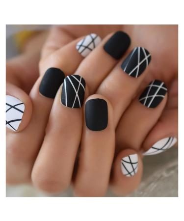 Zhi Zhi Short Round Fake Nails Black And White Lines | Professional Nail Art for Students & Office Ladies - L5656 - Buy Online on GoSupps.com