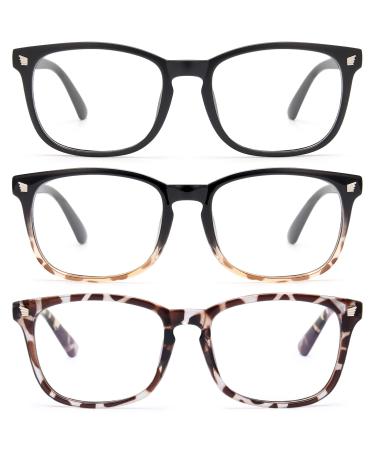 Gaoye 3-Pack Blue Light Blocking Glasses, Fashion Fake Glasses Anti UV/Headache/Eyestrain Computer Gaming Glasses Matte Black+leopard+black Tortoise, Clear