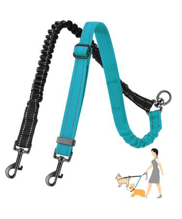SlowTon Double Dog Leash Coupler No Tangle 360 Swivel Dual Leashes for Walking 2 Dogs Adjustable Length Reflective Splitter Leash for Training Small Dogs (Black&Teal) For Small Dogs C-black&teal