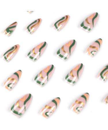 Justotry 24 Pcs Wavy Almond Short False Nails - Gold and Teal French Press On Nails | Trendy Fake Nails with Nail Glue | Nude Oval Medium Stick On Nails for Women - Buy Online on GoSupps.com