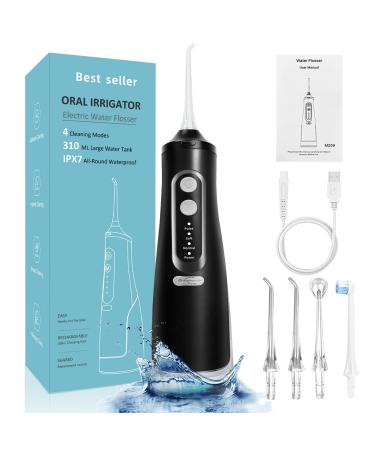 Water Flosser for Teeth Cordless - Power Dental Water Pick Mouth Oral Irrigator Electric Air Flossers Cleaner for Adult & Teenager Black IPX7 Waterproof 4 Modes & 4 Jet Tips 1500mAh Low Noise Frosting Black