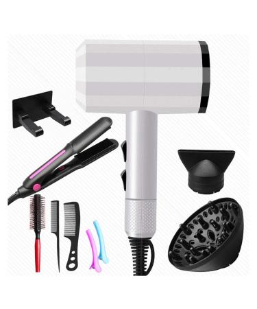 Professional Hair Dryer 2000W Hair Dryer Set Travel Hairdryer Hair Straightener with 9 Pieces of Accessories 2 Speed 3 Heat Negative Ions Overheat Protection Salon Tools Household for Salon Home White