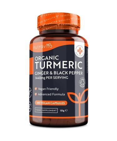 Organic Turmeric 1440mg (High Strength) with Black Pepper & Ginger - 180 Vegan Turmeric Capsules (3 Month Supply) Organic Turmeric with Active Ingredient Curcumin - Made in The UK by Nutravita