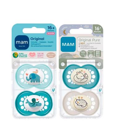 MAM Day & Night Silicone Pacifier Set (16+) - 4 Pacifiers & 2 Sterilized Boxes | Buy Internationally - Buy Online on GoSupps.com