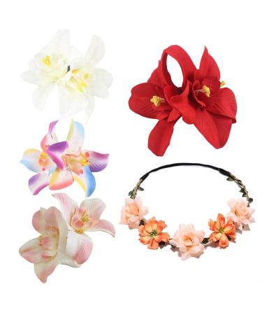 4 Pieces Of Orchid Hair Clips 1 Piece Of Silk Flower Headband Hawaiian Flower Hair Clips Holiday Accessories Red Flower Hair Clips Beach Accessories For Women