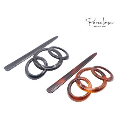 Parcelona French Triple Ringed Tortoise Shell Brown & Glossy Black Hair Slider Pin Ponytail Holder Barrette Set - 2 Pieces - Buy Online on GoSupps.com