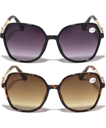 Shop V.W.E. Oversized Bifocal Reading Sunglasses for Women - Metal Temple Lion Head Gradient Lens 100% UV Protection - 2 Pairs: Black & Tortoise 3.0x - Buy Online on GoSupps.com