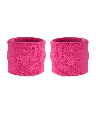 Suddora Kids Wrist Sweatbands - Athletic Cotton Terry Cloth Sports Wristbands for Kids (Pair) Neon Pink