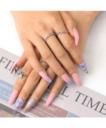 Sethexy Long Ballerina Matt False Nail Tips - Pink Gradient Sparkle Butterfly Coffin Fingernails | 24pcs Acrylic Art for Women & Girls - International Shipping Available - Buy Online on GoSupps.com