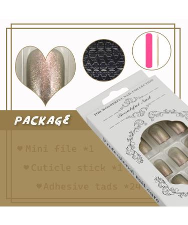 Cat Eye Gold Press-On Short Gel Nails - Glitter Reflective False Nails for Acrylic - 24pcs Full Cover Artificial Nails with Glue - Buy Online on GoSupps.com
