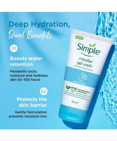 Sim._.ple Water Boost Micellar Facial Wash 150ml | 100% Soap-Free for Dewy Hydrated Skin | Ideal for Normal to Dry Skin | International Shipping Available - Buy Online on GoSupps.com