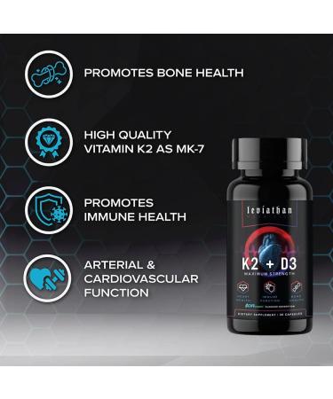 Leviathan Nutrition Vitamin D3 K2 2 in 1 Formula | Vegan Organic Extra Strength Supplement for Heart, Teeth, Joint & Bone Health - 360mcg Vitamin K2 (MK7) + 5000 IU Vitamin D3 - Buy Online on GoSupps.com