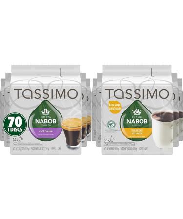 Tassimo Nabob Caf Crema Coffee Single Serve T-Discs 110g (5 Boxes of 14 T-Discs) & Nabob Breakfast Blend Coffee Single Serve T-Discs 123g (5 Boxes of 14 T-Discs) Coffee+Single Serve T-Discs 123g