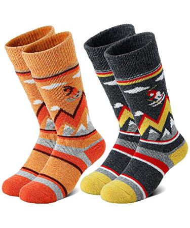 unenow Merino Wool Ski Socks Kids 2 Pairs, Winter Warm Snowboarding Thermal Socks for Boys Girls Toddlers 2 Pairs-grey/Orange X-Small