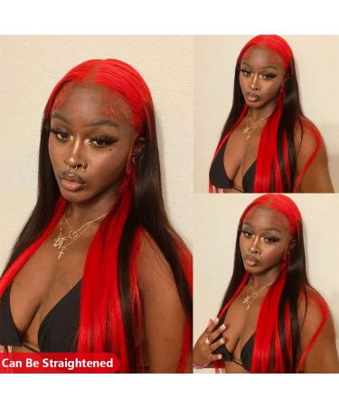 Ombre Red Root Highlight Side Part Wig | Skunk Stripe Long Wavy Synthetic Hair | Body Wave Lace Front Wig for Black Women (RS200D/1B) - Buy Online on GoSupps.com