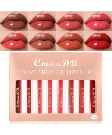 8Pcs Liquid Shine Matte Lipstick Set Lip Stick Stain Gloss Packs Matte for Dark Skin Women Dark Red Long Lasting Original 24 Hour Olive Fruit Oil Lipstick lapiz labiales mate 24 horas originales mate 11. H 8 Colors