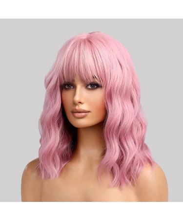Pink Wig with Air Bangs 12 Inches Short Pastel Curly Wavy Heat Resistant Synthetic Women's Bob Wig Cosplay Party Shoulder Length Wigs for Girls Daily Use Natural Looking Curly Colored Wig