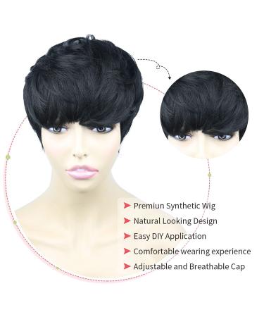 Short Hair Pixie Cut Wig with Bangs - Natural Black Women's Wig | Straight Layered Wavy Synthetic Full Machine Wig (1B# Black) - Buy Online on GoSupps.com