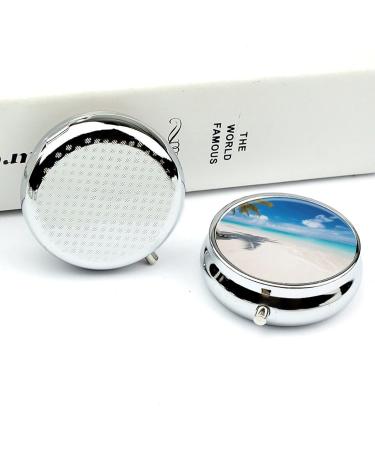 Round Pill Box - Tropical Beach Print | 3 Compartment Portable Medicine Organizer | Decorative Metal Pocket Pill Case - Style 30 - Buy Online on GoSupps.com