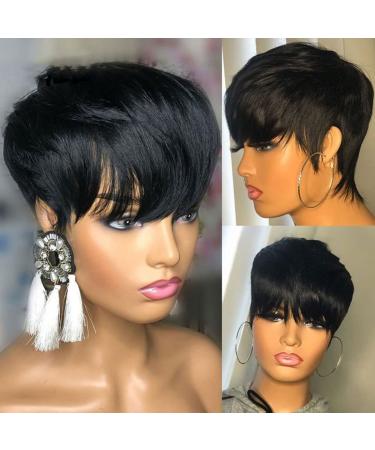 Iianaebeh Human Hair Short Wigs Pixie Cut Wigs with Bangs Short Black Layered Wavy Wigs for Women 1B Color