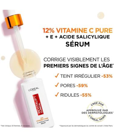 L Or al Paris 12% Pure Vitamin C Serum + Salicylic Acid + Vitamin E Antioxidant & Anti-Aging Uneven Skin Tone Pores and Fine Lines Anti-UV Bottle Revitalift Clinical 30 ml - Buy Online on GoSupps.com