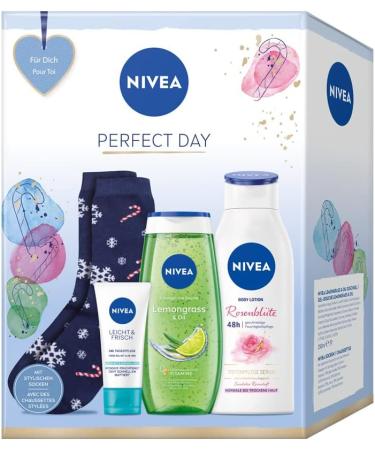 NIVEA Perfect Day Gift Set with NIVEA Essentials Gift Set with Day Care Care Shower Body Lotion and Stylish Socks - Buy Online on GoSupps.com