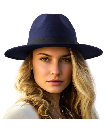 LADYBRO Fedora Hats for Women Wide Brim Hat, Incld 3 Decor Belts, Wool Felt, 58cm Adjustable Women's Fedora P08 Navy 35% Cotton, 65% polyester