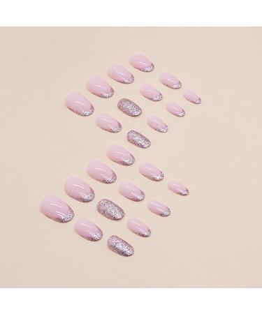 Almond Fake Nails Long 24Pcs Glitter French False Nails Pink Glitter Press on Nails Full Cover Stick on Nails with Nail Glue Oval French Nail Tips for Women Girls Nails Art French Pink Glitter - Buy Online on GoSupps.com