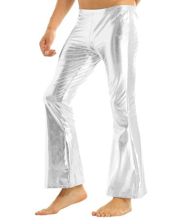 Inhzoy Men's Shiny Metallic Holographic Disco Flared Bell Bottom Pants - Silver Medium | Fashion Dance Trousers - Buy Online on GoSupps.com