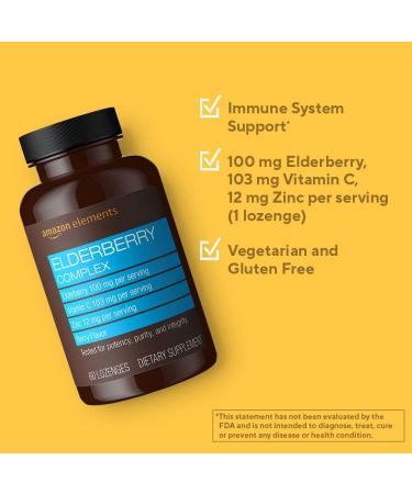Amazon Elements Elderberry Complex 60 Berry Flavored Lozenges - Immune System Support with Elderberry, Vitamin C, and Zinc - 100mg Elderberry, 103mg Vitamin C, 12mg Zinc per Serving - Buy Online on GoSupps.com