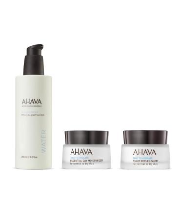 AHAVA Essential Day Moisturizer Night Replenisher and Mineral Body Lotion Set