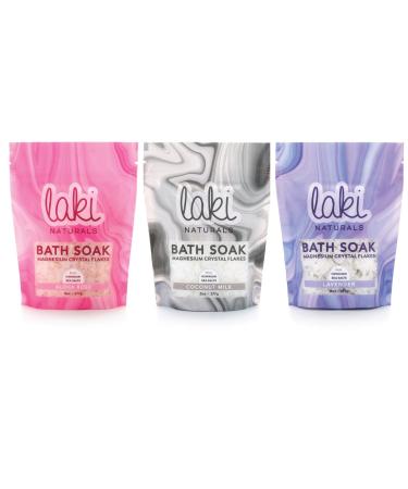 Laki Naturals Favorites Bath Soak Bundle (Pack of 3) - Magnesium Flakes w/ Hawaiian Sea Salt - Therapeutic Bath Salts for Relaxation ( Rose Coconut Lavender 8 oz Each)