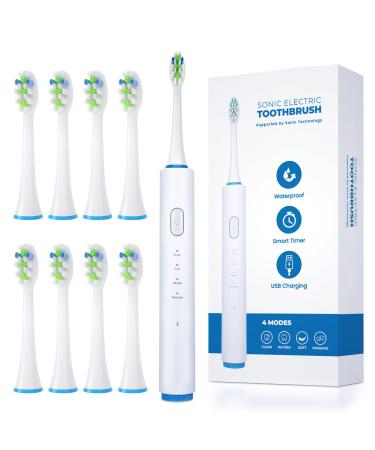 Electric Toothbrush for Adults Waterproof Rechargeable Travel Power Toothbrush with 8 Brush Heads 4 Cleaning Modes 2 Minute Built in Smart Timer White