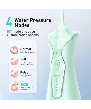 COSLUS Water Dental Flosser Portable Oral Irrigator - 4 Modes, Rechargeable, Waterproof - 4 Jet Tips - Green - Buy Online on GoSupps.com