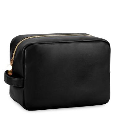 Wandering Nature Large Makeup Bag Toiletries Bag for Women Travel Cosmetic Bag with Handle and Slip-in Pockets Eco Vegan Leather Black (Patent Pending) Black L