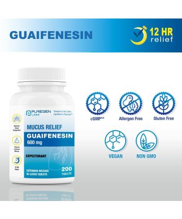 Buy Puregen Labs Mucus Relief 600mg - 12 Hour Extended Release Expectorant 200 Count - Chest Congestion Relief High Potency Guaifenesin - Buy Online on GoSupps.com