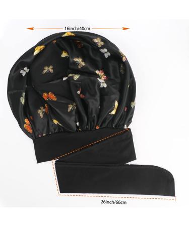 Arqumi Satin Sleeping Bonnet - Adjustable Large Satin Sleep Cap with Butterfly Pattern in Black - Buy Online on GoSupps.com