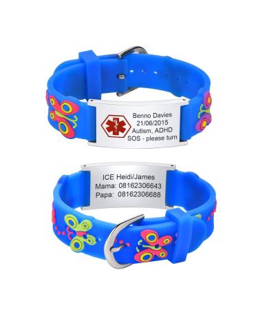 Kids Bracelet Safety ID Wristbands - Cusromised Outdoor Anti-Lost Wristband with Silicone Cartoon Pattern Personalised Medical Alert Bracelets with Emergency Contact Information For Child Boys Girls Blue Silver-butterfly-medical