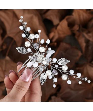Zoestar Flower Wedding Hair Combs Silver Pearl Bridal Headpiece Pearl Leaf Hair Accessories for Women and Girls - Buy Online on GoSupps.com