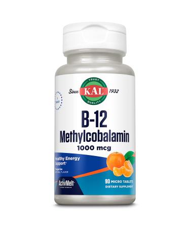 KAL Vitamin B12 Methylcobalamin 1000mcg Healthy Energy Metabolism Nerve & Red Blood Cell Support * Fast Dissolve ActivMelt Optimal Absorption Natural Tangerine Flavor 90 Servings 90 Micro Tabs
