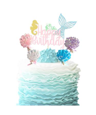 Mermaid Cake Topper Happy Birthday Cake Picks Glitter Shell Cupcake Topper Mermaid Cake Decoration for Mermaid Baby Shower Birthday Party Supplies