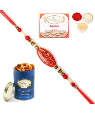 Ghasitaram Gifts Rakhi for Brother Rakhis Online - 7609 Premium Rakhi with 100 GMS of Dryfruits Mix Can 200 GMS of Kaju katli Rakhi & 100g Dryfruits Mix Can 200g Kaju katli