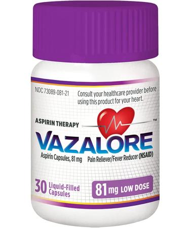 VAZALORE Aspirin 81mg for Adults | Low Dose Aspirin Heart Therapy | Liquid-Filled Capsules | Stomach Protection | Pain Relief | 30 Count - Buy Online on GoSupps.com