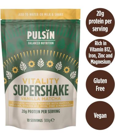 Pulsin Vanilla Matcha Vegan Supershake 300g - Plant Based Vitality Protein Powder - Gluten & Dairy Free - Buy Online on GoSupps.com