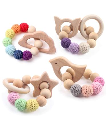 Beech Wooden Teethers 4 Packs Natural Baby Teething Toys Wood DIY Soothing Charms Chewable Toy Toddler Gift Jewelry Cloud Cat Star Bird Cloud/Cat/Star/Bird