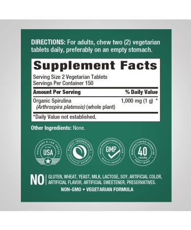 Piping Rock Organic Spirulina Capsules 1000mg | 300 Tablets | Blue Green Algae Pills | Vegetarian Non-GMO Gluten Free Supplement - Buy Online on GoSupps.com