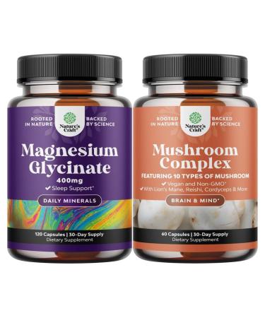 Bundle of Magnesium Glycinate Capsules Mineral and Nootropic Brain Focus Mushroom - Immune Support Bone Health Mood Support - 10X Mushroom Blend for Sugar Balance and Mental Focus