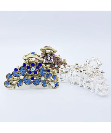 3 Pcs Vintage Rhinestone Hair Claw Set - Fancy Hair Clips for Women - Decorative Flowers Hair Barrette - Purple/Silver/Sky Blue - Buy Online on GoSupps.com
