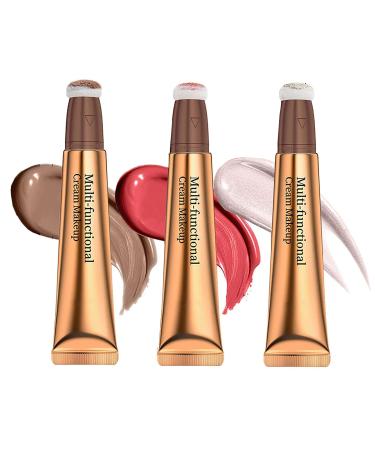 Pakivs 3pcs Liquid Contour Beauty Wand, Liquid Blusher Highlighter Contouring Stick Set with Cushion Applicator, Liquid Bronzer Stick Long Lasting Smooth Silky Cream Stick Makeup Kit