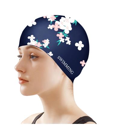 Bathing cap women silicone bath caps for long hair slip-resistant waterproof bathing cap for women and adults comfortable bathing cap floating caps suitable for curly short medium length thick hair navy blue